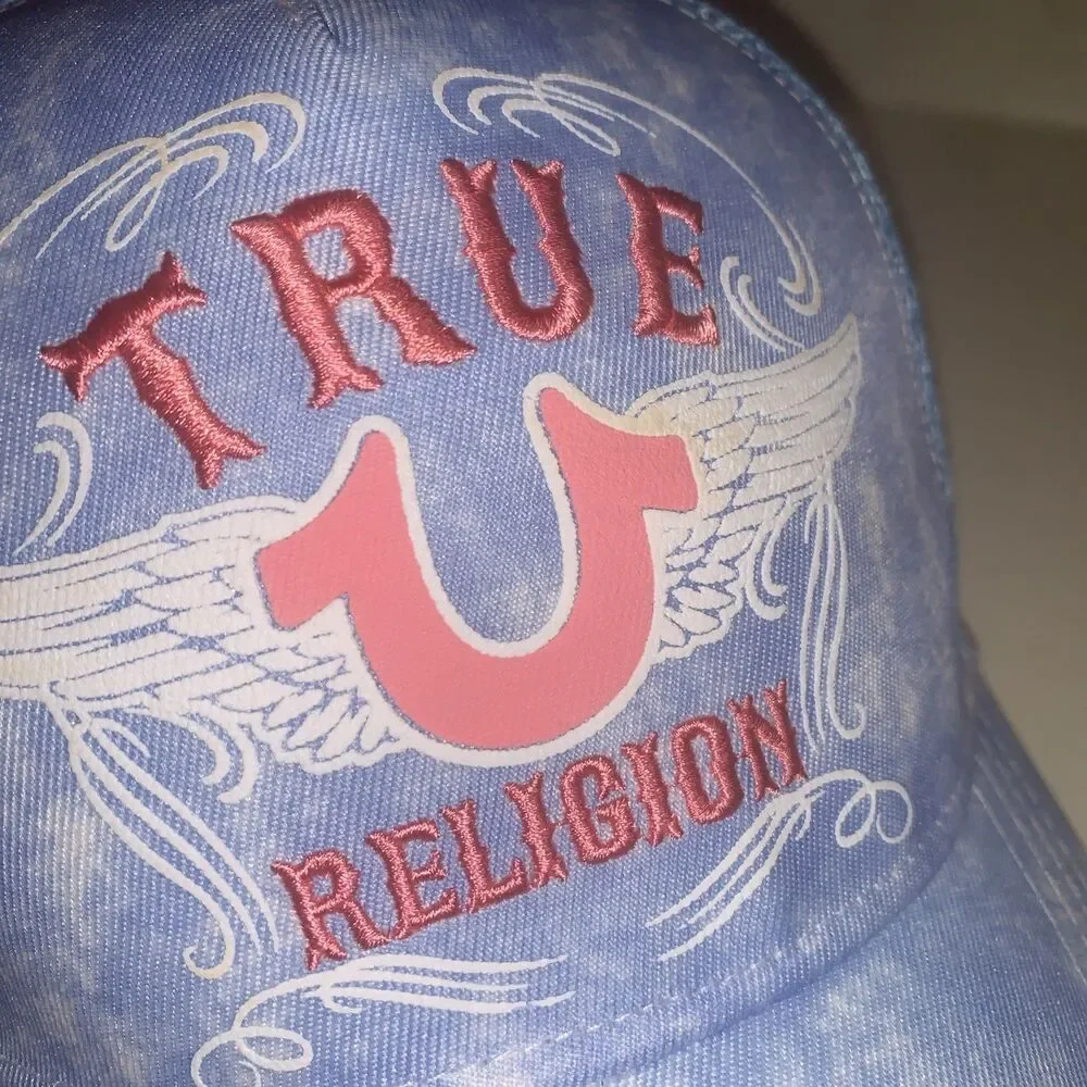 True Religion Blue Trucker Hat OS Logo Cap Adjustable Mesh Back